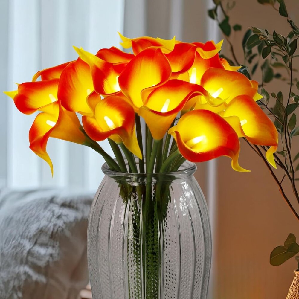 Orange Real Artificial Flowers Lighted Led Lily Bouquet 20 Stems Home Decor